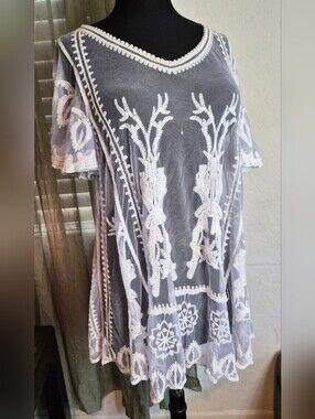 Indigo Thread Co Sheer White & Soft Violet Mesh Embroidered Tunic #0282